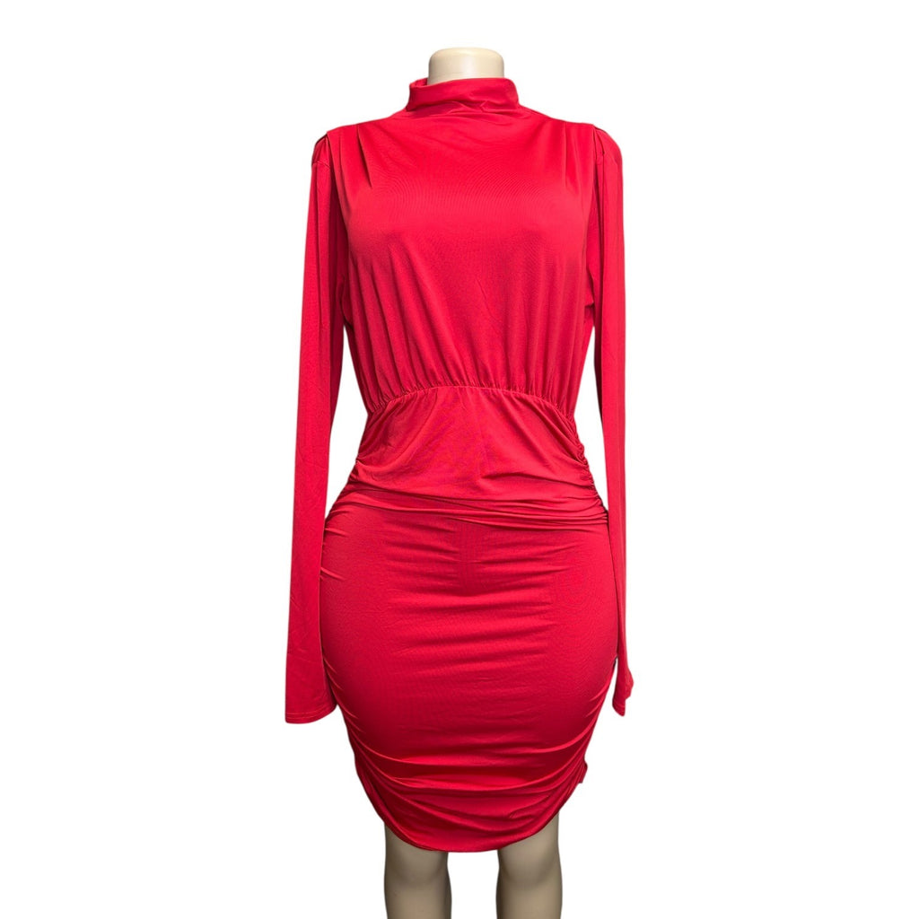 K-122 Women's Red Long Sleeve High Neck Ruched Bodycon Dress Size Large