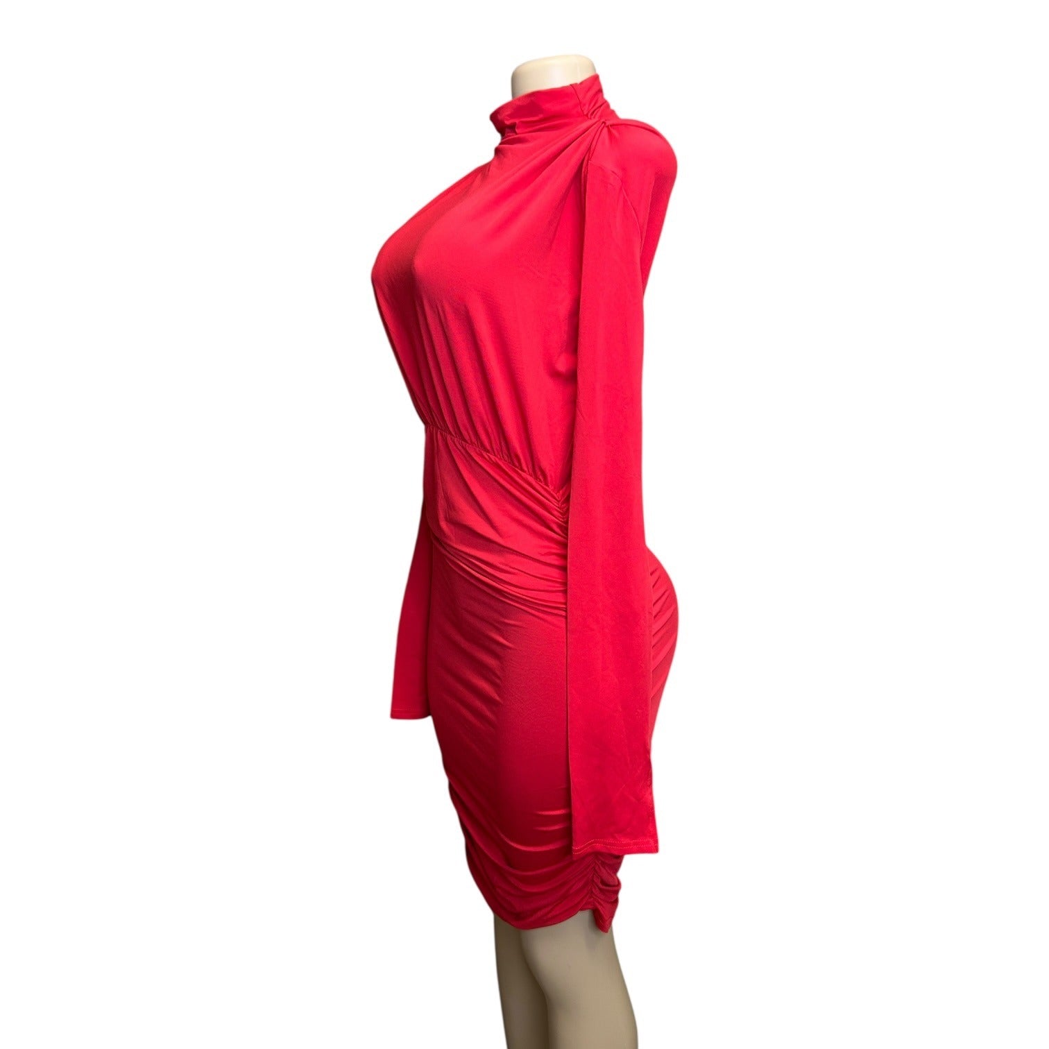 K-122 Women's Red Long Sleeve High Neck Ruched Bodycon Dress Size Large