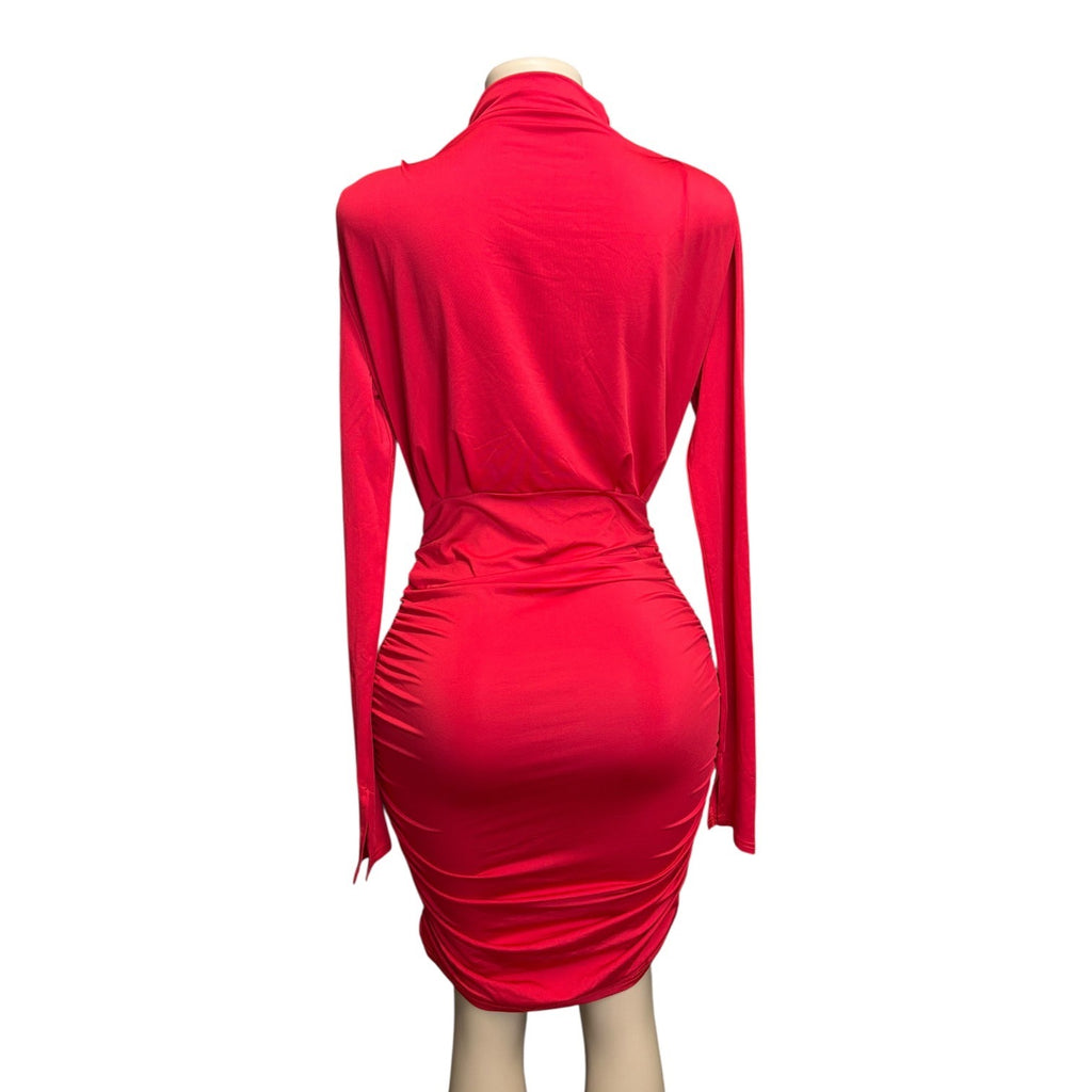 K-122 Women's Red Long Sleeve High Neck Ruched Bodycon Dress Size Large