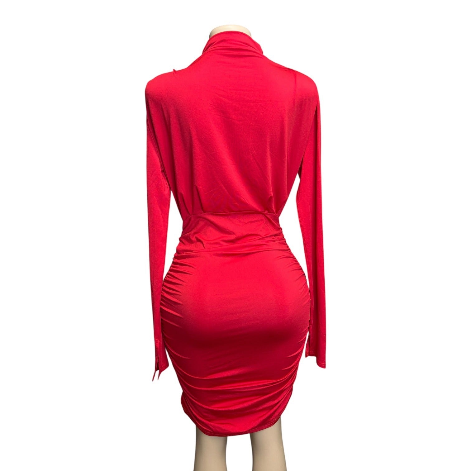 K-122 Women's Red Long Sleeve High Neck Ruched Bodycon Dress Size Large