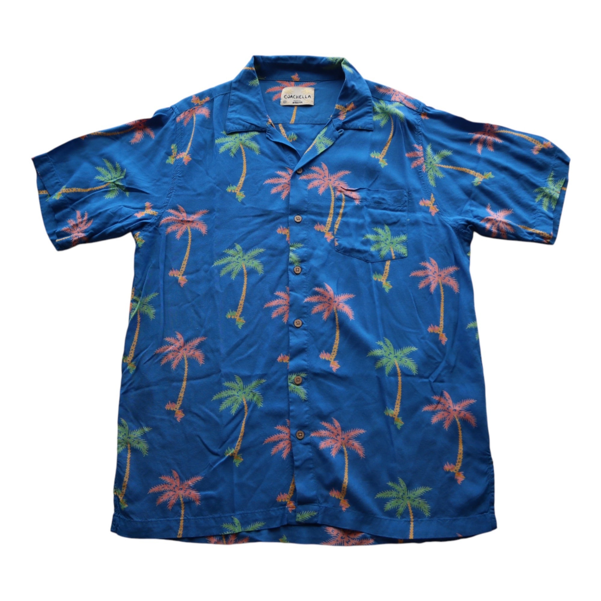 Men's Coachella Blue Hawaiian Palm Tree Print Short Sleeve Shirt M 100% Rayon