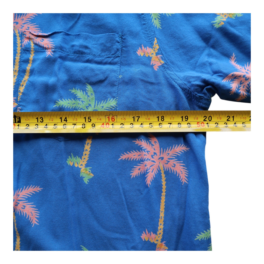 Men's Coachella Blue Hawaiian Palm Tree Print Short Sleeve Shirt M 100% Rayon