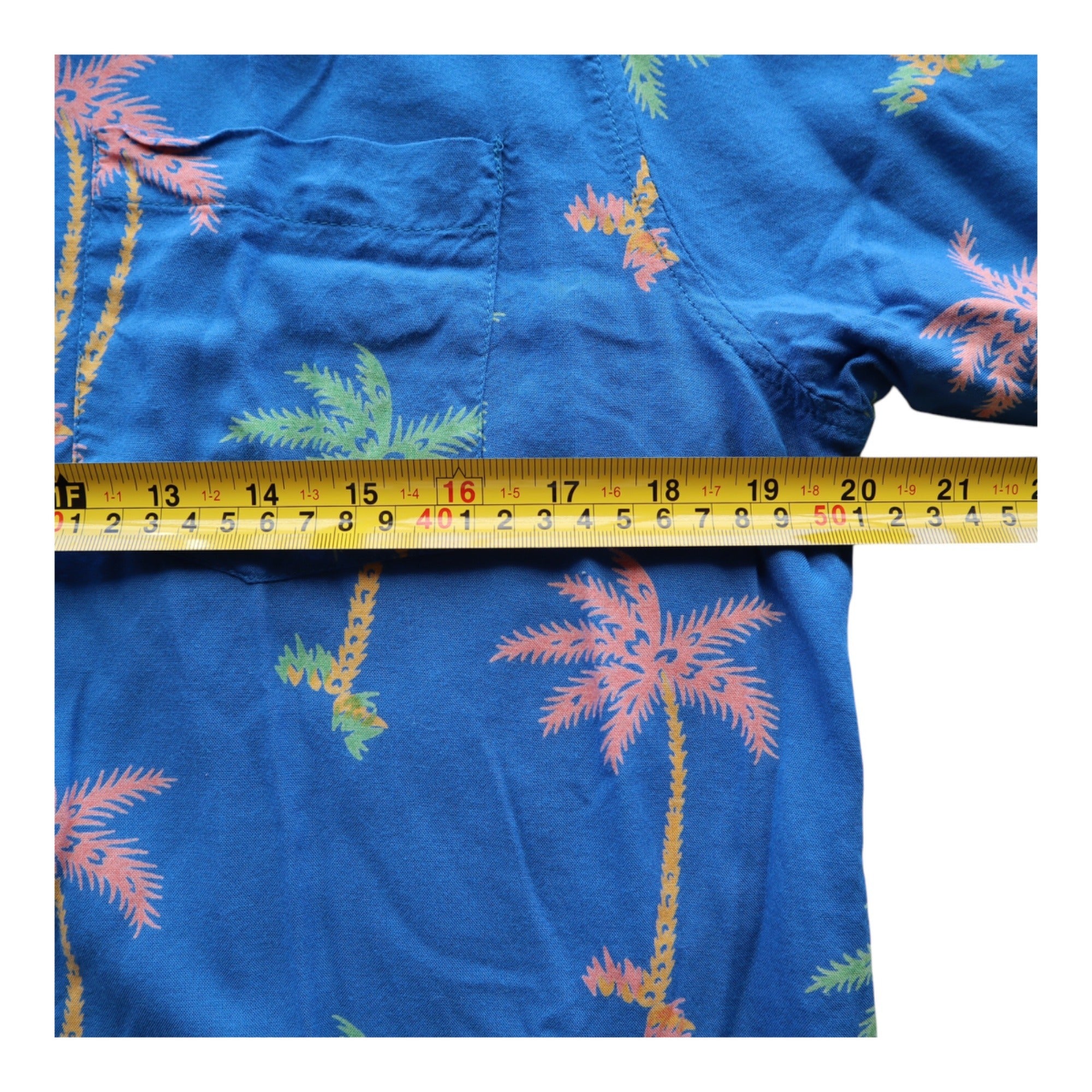Men's Coachella Blue Hawaiian Palm Tree Print Short Sleeve Shirt M 100% Rayon