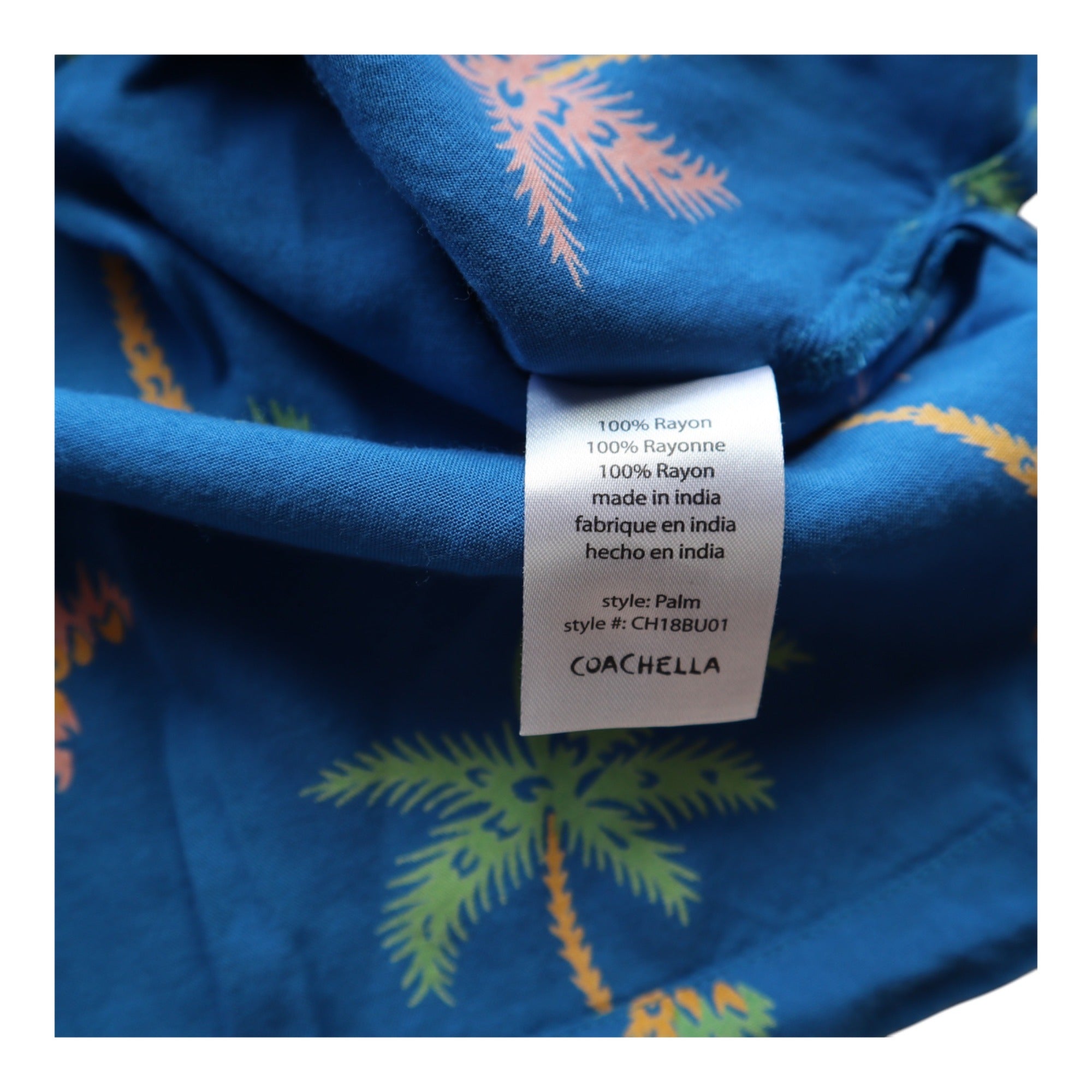 Men's Coachella Blue Hawaiian Palm Tree Print Short Sleeve Shirt M 100% Rayon
