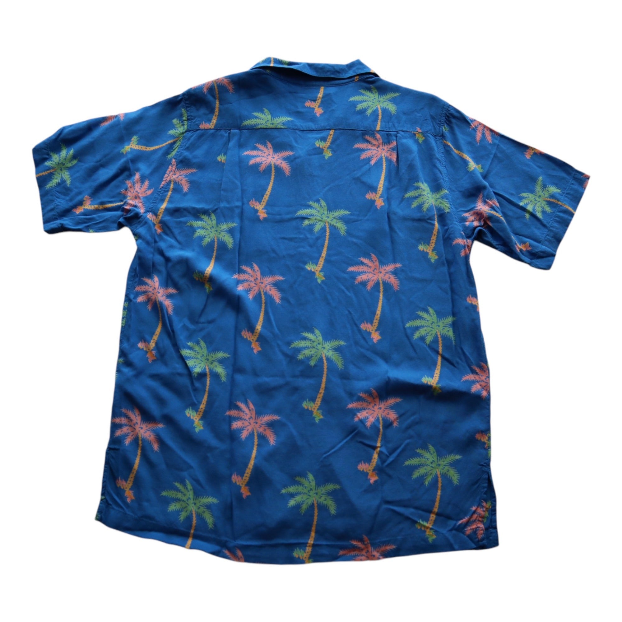 Men's Coachella Blue Hawaiian Palm Tree Print Short Sleeve Shirt M 100% Rayon