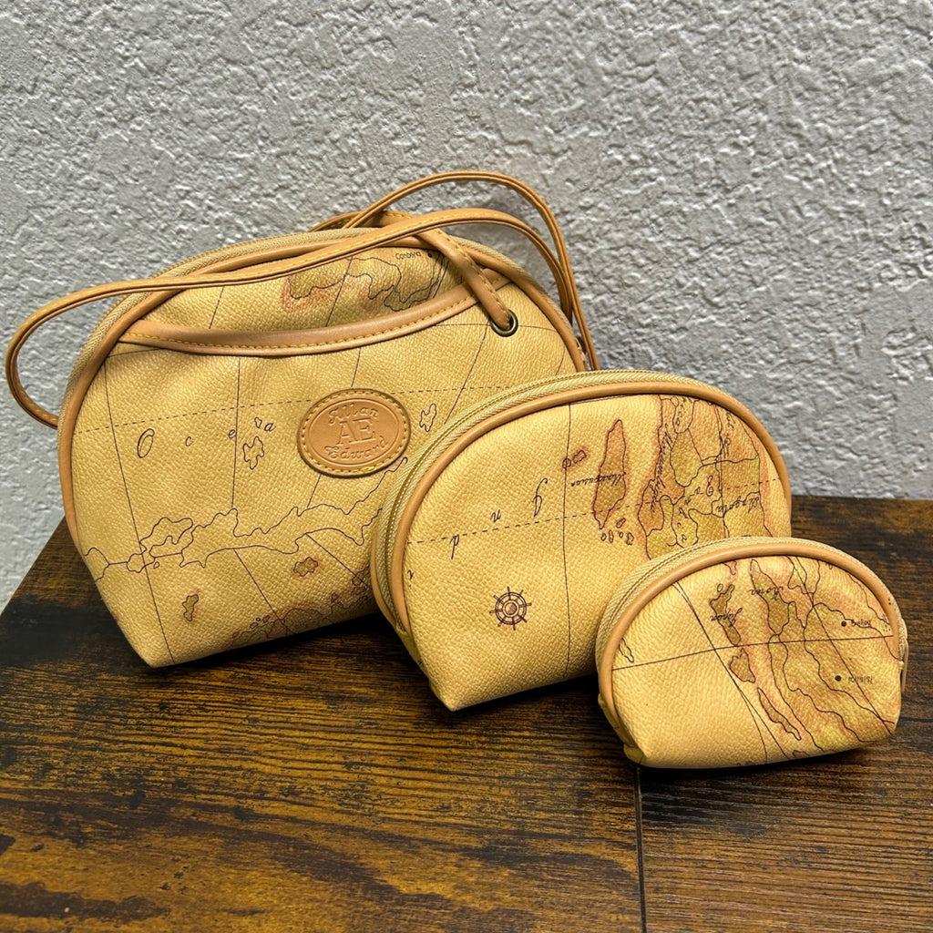 Vintage-Style Map Print Shoulder Bag & Pouch Set With Leather Straps