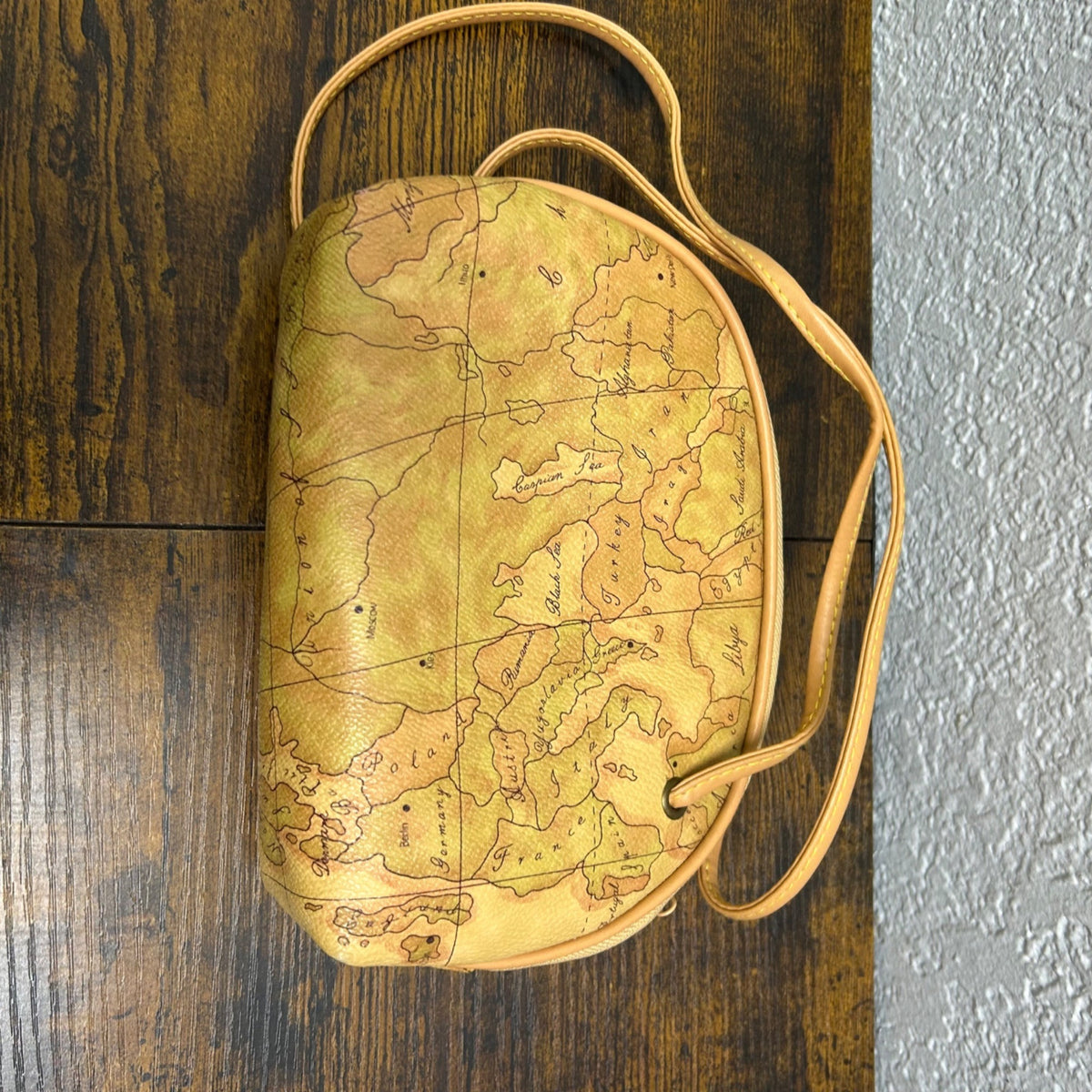 Vintage-Style Map Print Shoulder Bag & Pouch Set With Leather Straps
