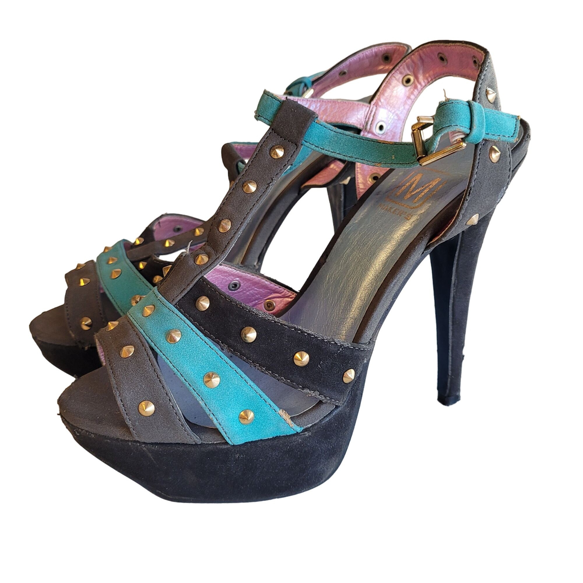Makers Studded Suede Open Toes Stiletto Heels Women's Size 6.5 Black, Multicolor
