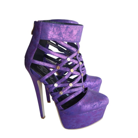 Wild Rose Purple Strappy Platform Stiletto High Heels With Gold Accents Size 6.5