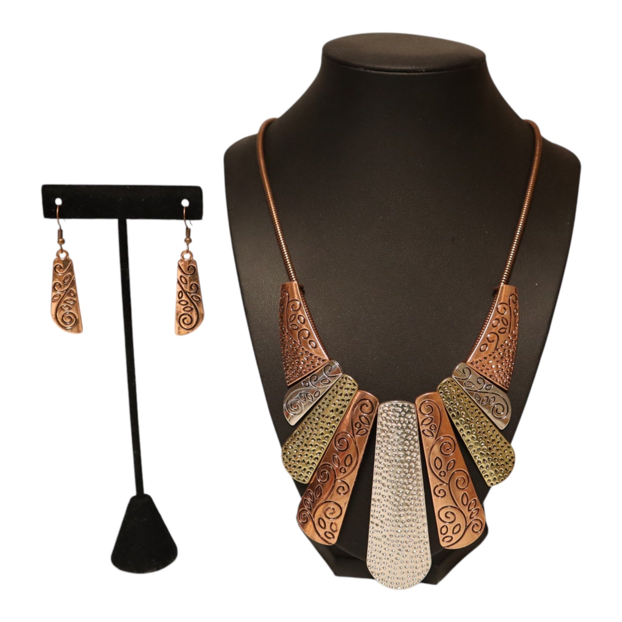 Bohemian Copper & Silver Statement Necklace With Matching Dangle Earrings