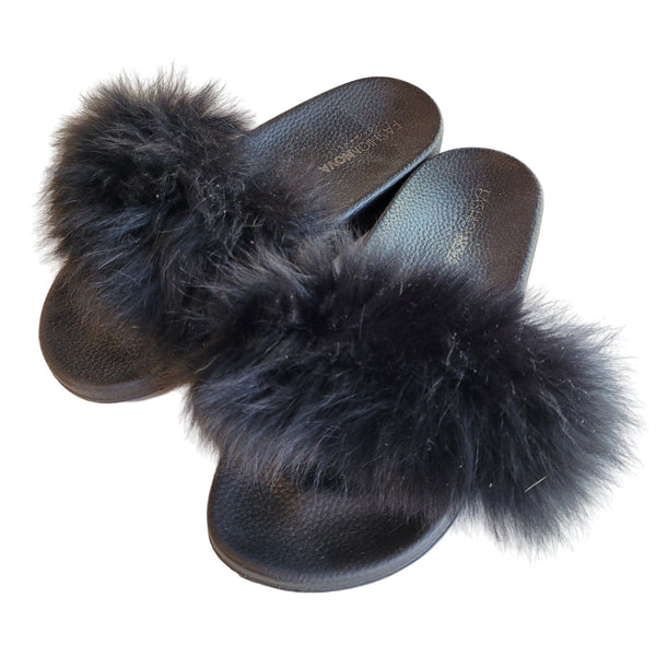 Fashion Nova Black Faux Fur Fluffy Slip on Sandals Women's Size 7