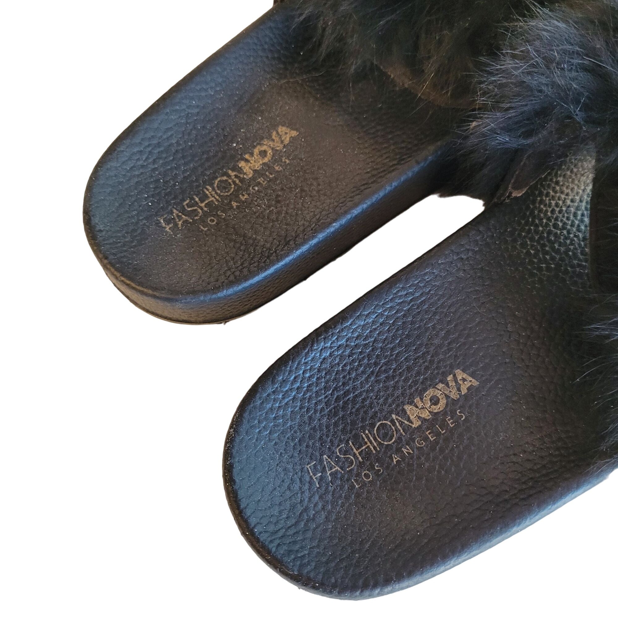 Fashion Nova Black Faux Fur Fluffy Slip on Sandals Women's Size 7