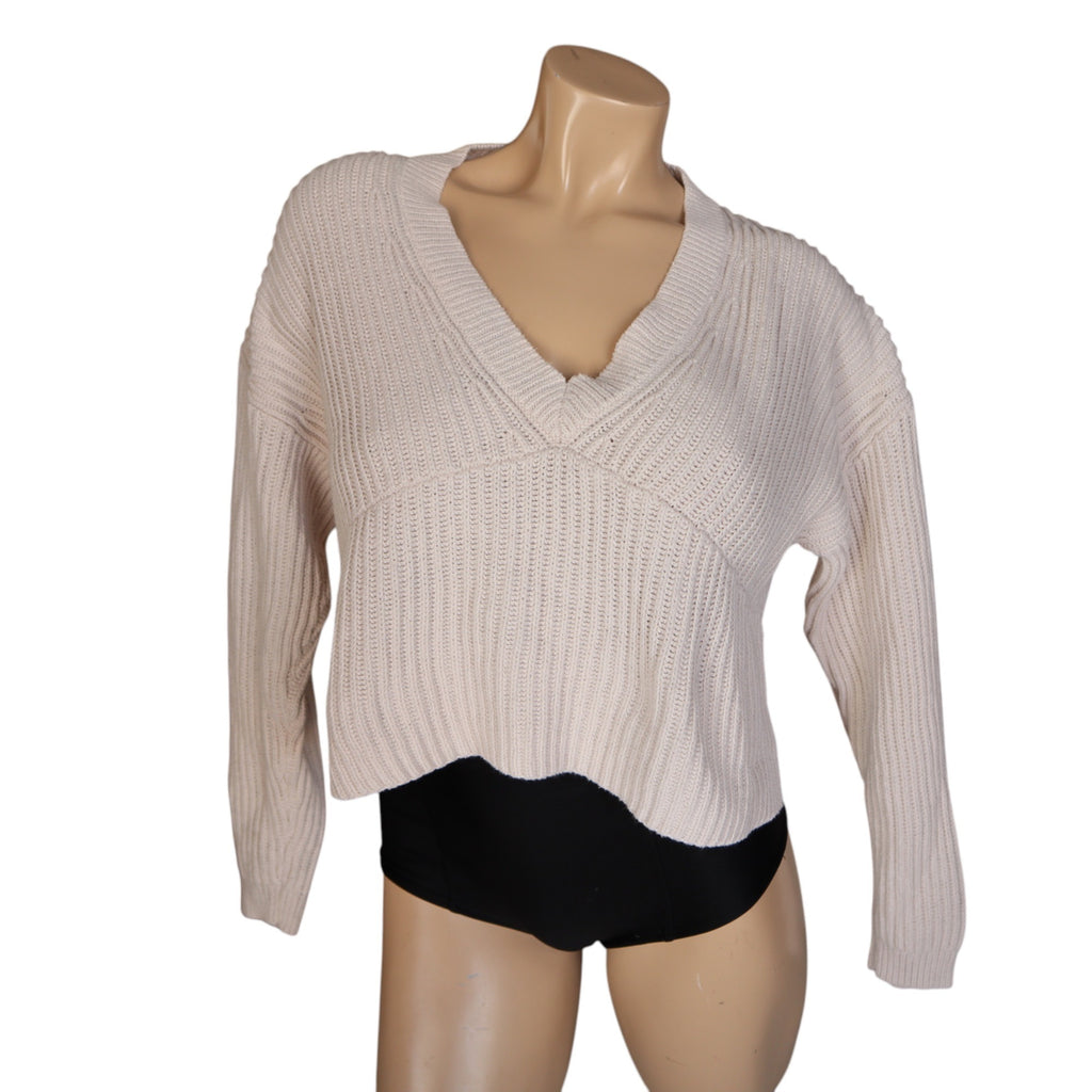 L.A. Hearts Womens Cream Ribbed Knit V-Neck Cropped Sweater XS