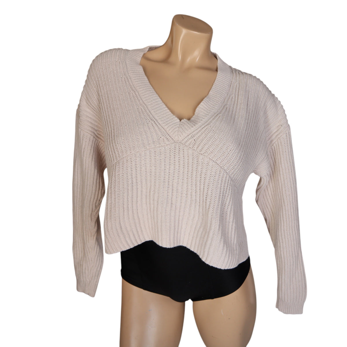 L.A. Hearts Womens Cream Ribbed Knit V-Neck Cropped Sweater XS