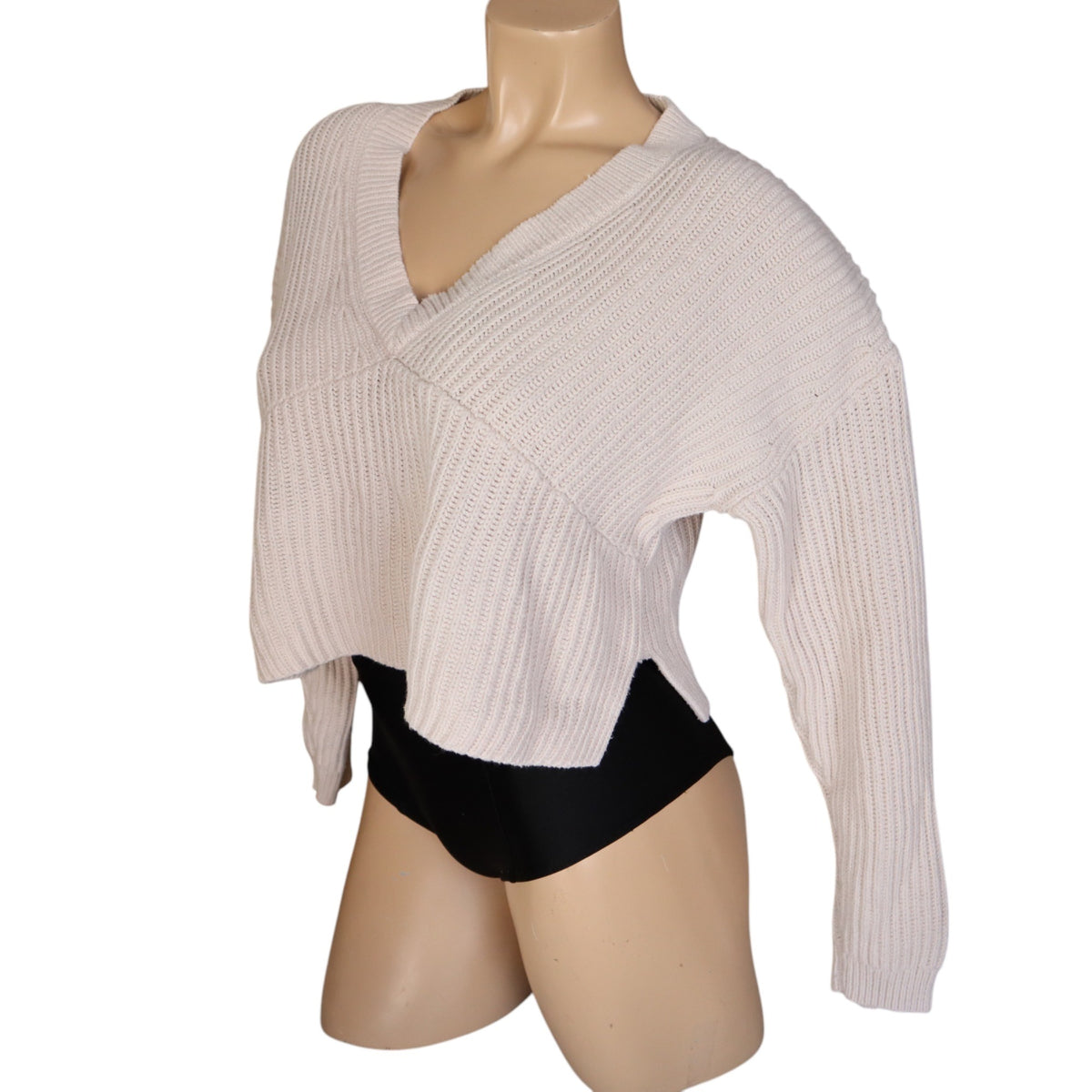 L.A. Hearts Womens Cream Ribbed Knit V-Neck Cropped Sweater XS