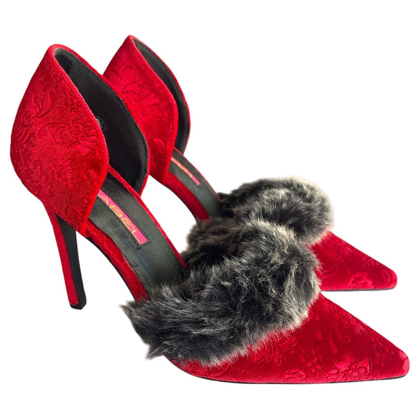 C LADEL "Ariza" Red Velvet Gray Faux Fur Stiletto Heels Women's Size 6.5