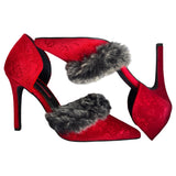 C LADEL "Ariza" Red Velvet Gray Faux Fur Stiletto Heels Women's Size 6.5