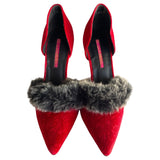 C LADEL "Ariza" Red Velvet Gray Faux Fur Stiletto Heels Women's Size 6.5