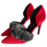 C LADEL "Ariza" Red Velvet Gray Faux Fur Stiletto Heels Women's Size 6.5