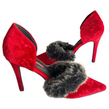 C LADEL "Ariza" Red Velvet Gray Faux Fur Stiletto Heels Women's Size 6.5