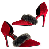 C LADEL "Ariza" Red Velvet Gray Faux Fur Stiletto Heels Women's Size 6.5