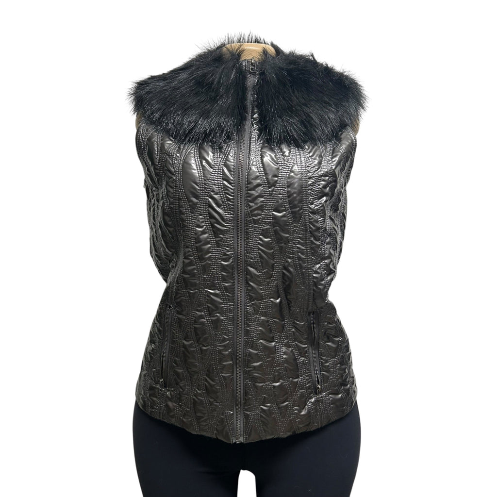 TG-19 G.G. Pink Size Small Black Quilted Puffer Vest With Black Faux Fur Collar