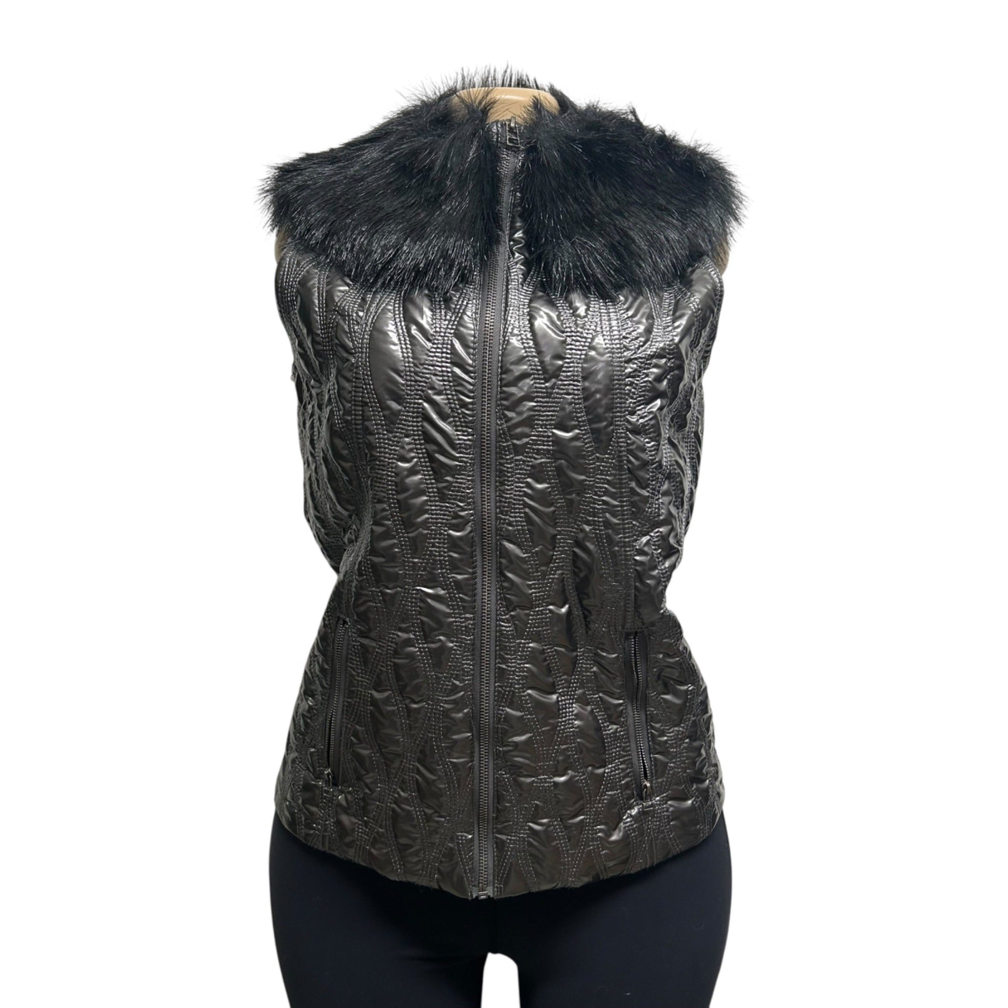 TG-19 G.G. Pink Size Small Black Quilted Puffer Vest With Black Faux Fur Collar