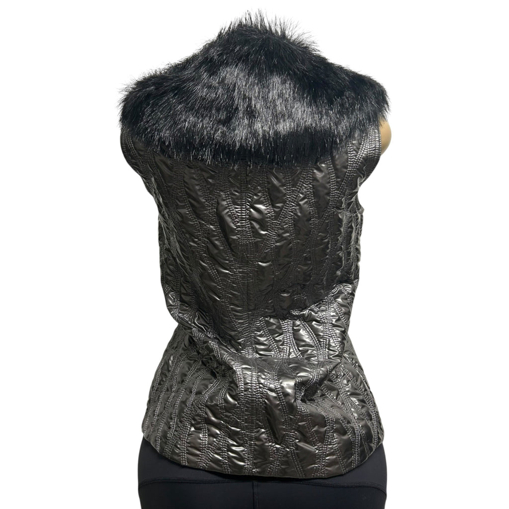 TG-19 G.G. Pink Size Small Black Quilted Puffer Vest With Black Faux Fur Collar