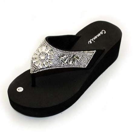 Cammie Stylish Women Size 7 Black Wedge  Flip Flop Sandals W/ Silver Rhinestones