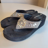 Cammie Stylish Women Size 7 Black Wedge  Flip Flop Sandals W/ Silver Rhinestones