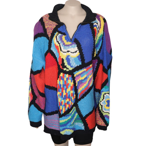 Colorful Patchwork Vintage Style Sweater With Half-Zip & High Collar – Medium