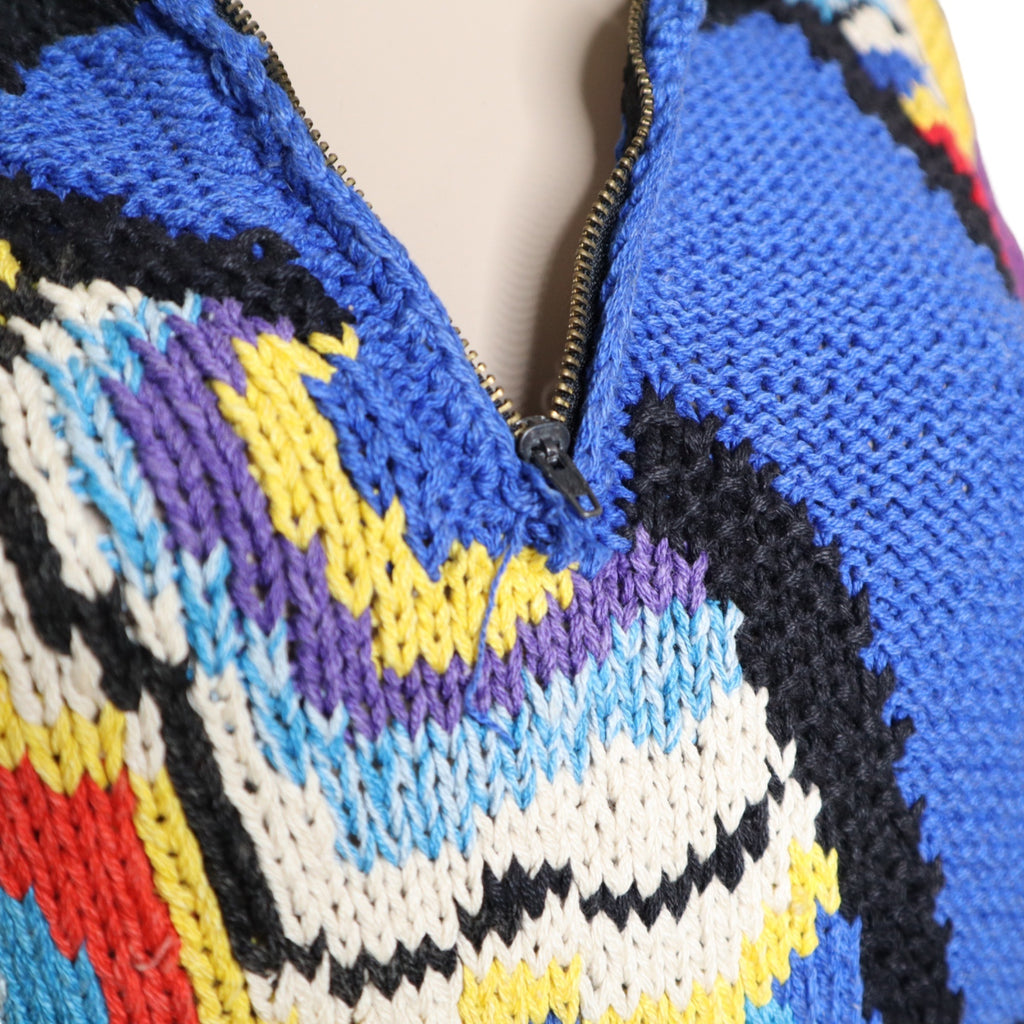 Colorful Patchwork Vintage Style Sweater With Half-Zip & High Collar – Medium