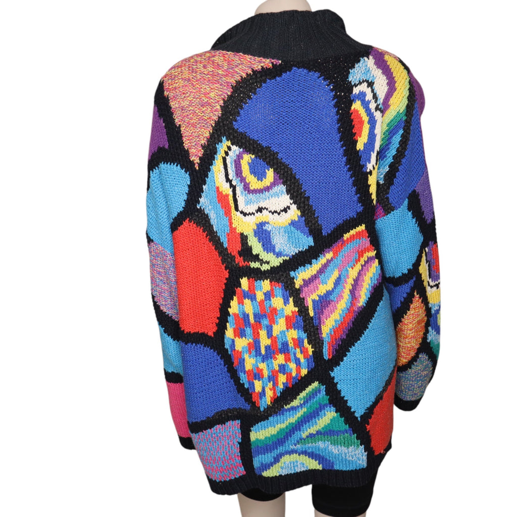 Colorful Patchwork Vintage Style Sweater With Half-Zip & High Collar – Medium