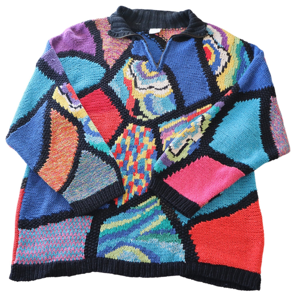 Colorful Patchwork Vintage Style Sweater With Half-Zip & High Collar – Medium