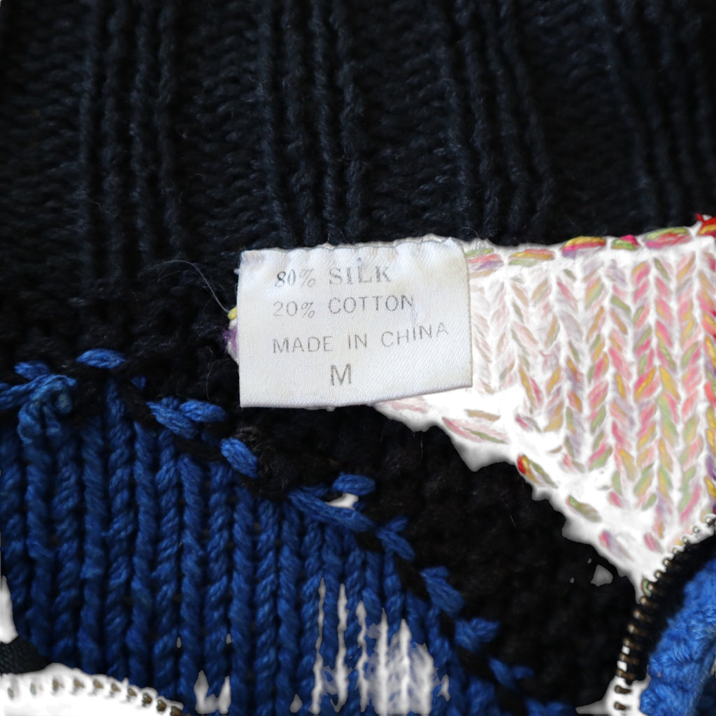 Colorful Patchwork Vintage Style Sweater With Half-Zip & High Collar – Medium