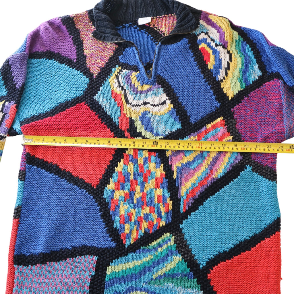 Colorful Patchwork Vintage Style Sweater With Half-Zip & High Collar – Medium