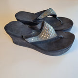 Sketchers Women Size 6 Black Wedge Flip Flop Sandals With Silver Rhinestones