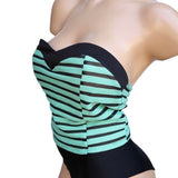 Top Chic Striped Blue, Green and Black Strapless Crop Top Women's Large