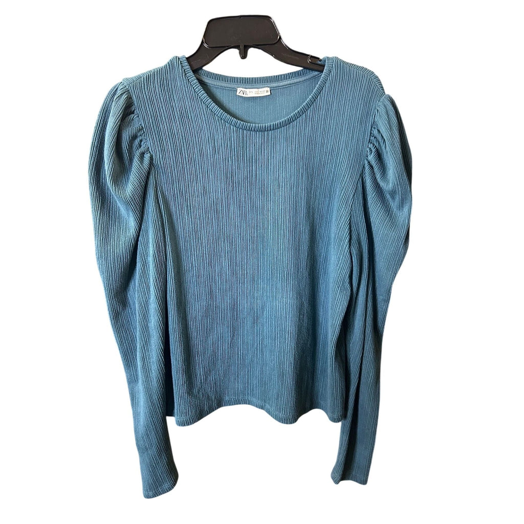 #1009 Zara Women's Size Large Teal Ribbed Long-Sleeve Top With Puff Shoulders