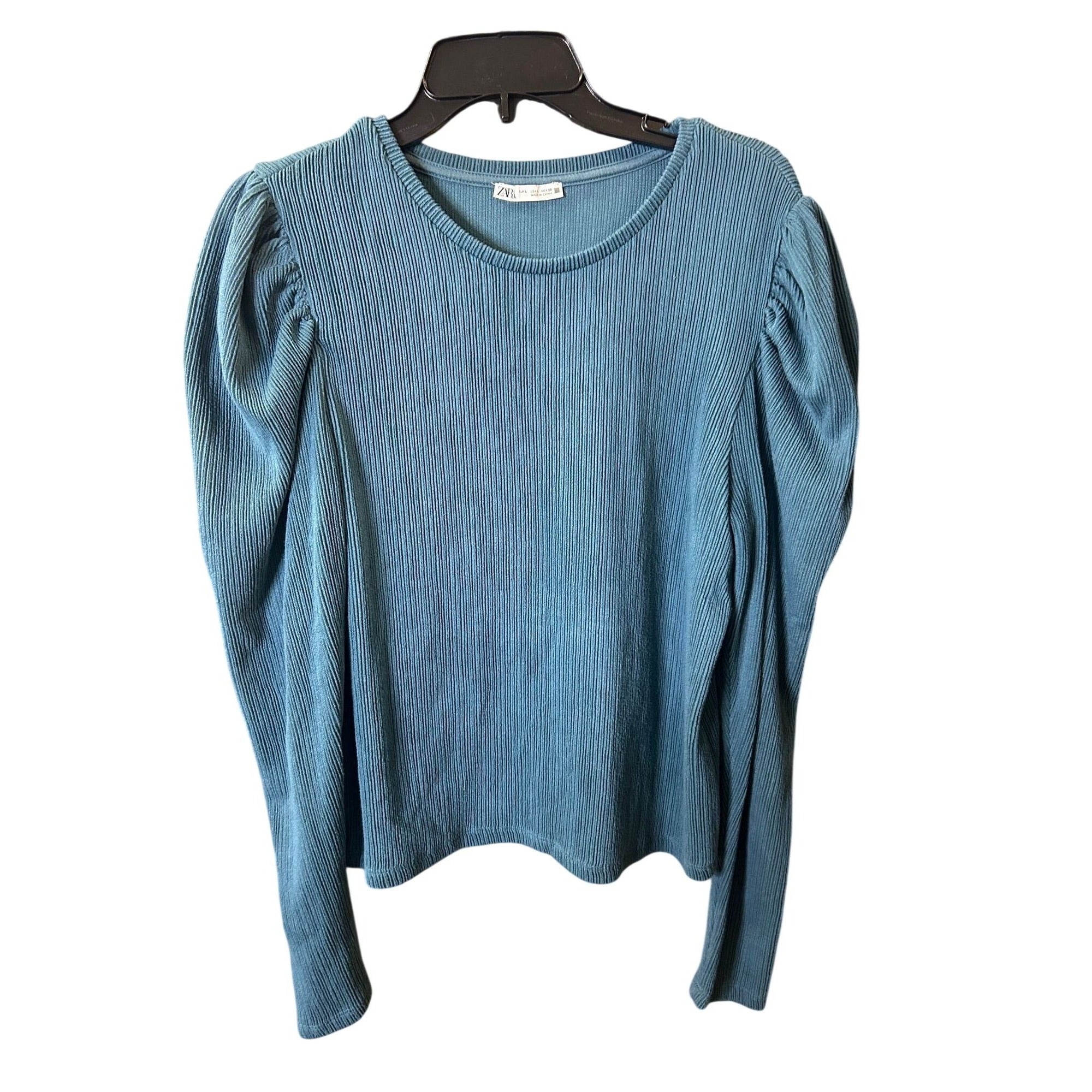 #1009 Zara Women's Size Large Teal Ribbed Long-Sleeve Top With Puff Shoulders