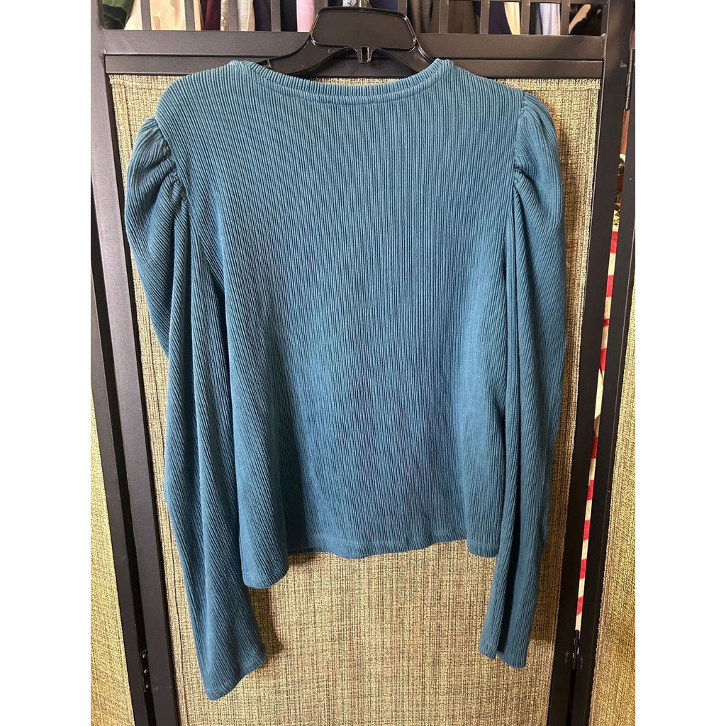 #1009 Zara Women's Size Large Teal Ribbed Long-Sleeve Top With Puff Shoulders