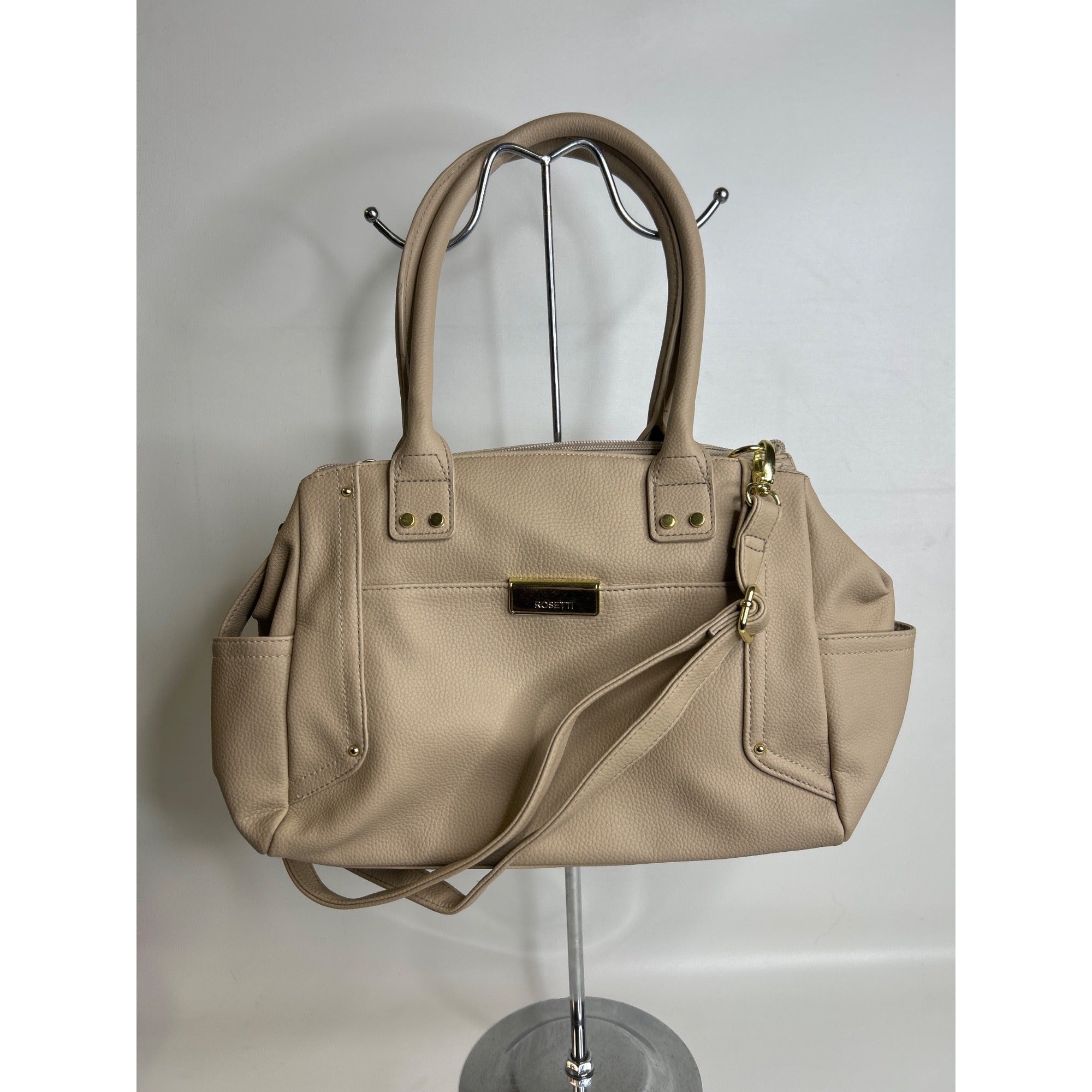 J-373 Rosetti Beige Faux Leather Tote Bag With Gold Hardware & Shoulder Strap