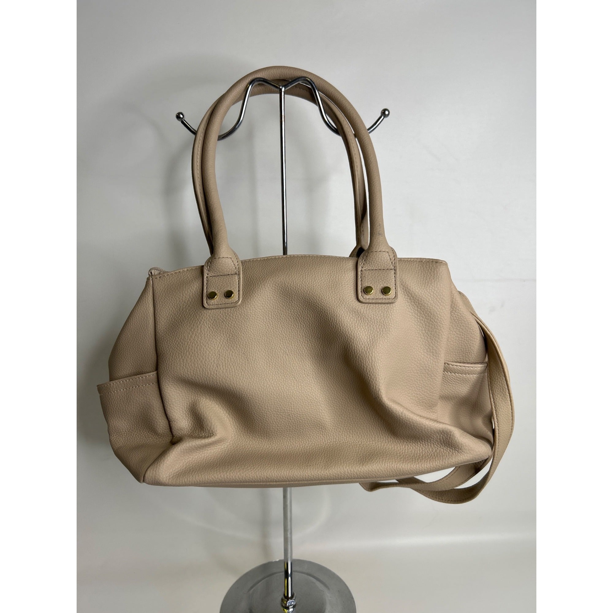 J-373 Rosetti Beige Faux Leather Tote Bag With Gold Hardware & Shoulder Strap