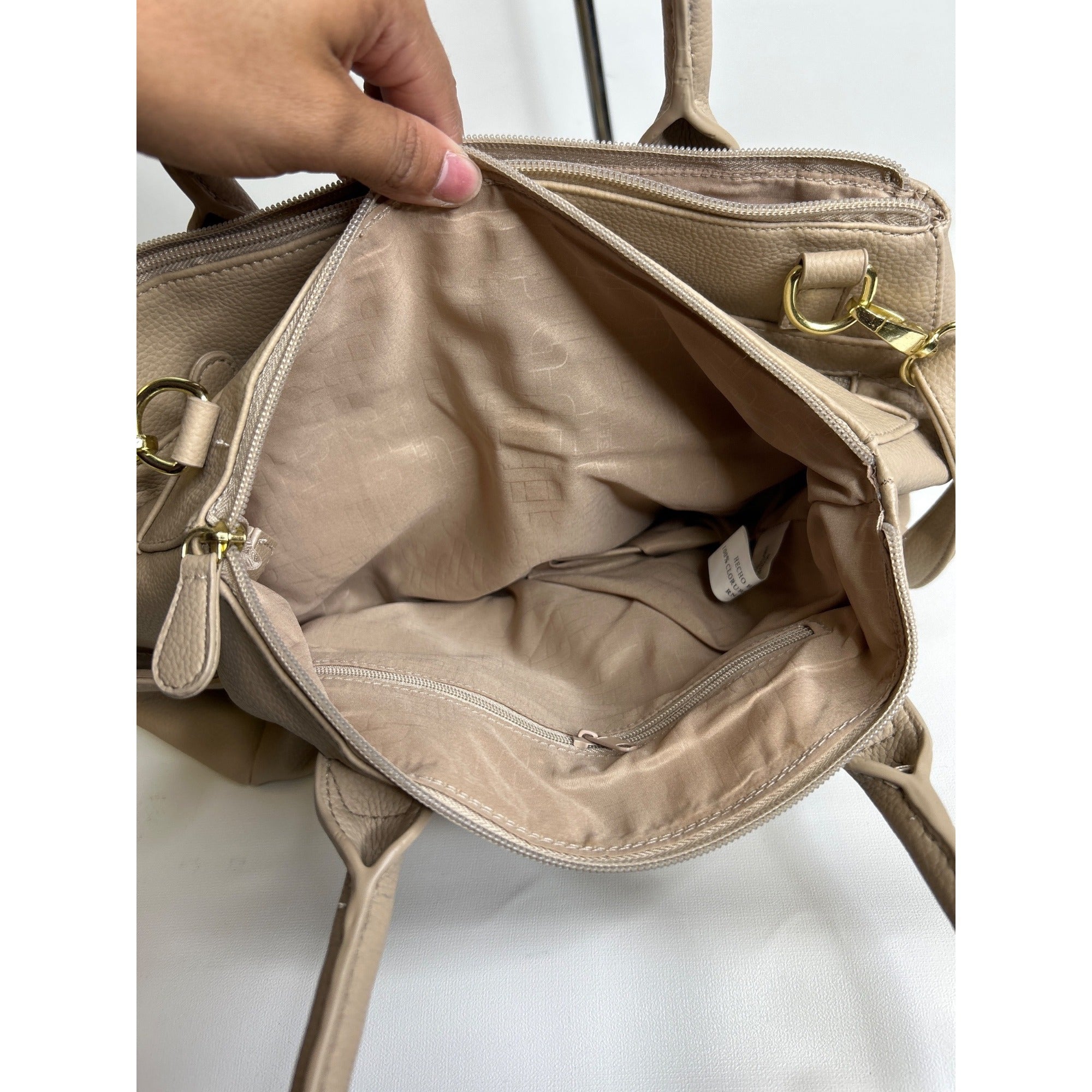 J-373 Rosetti Beige Faux Leather Tote Bag With Gold Hardware & Shoulder Strap