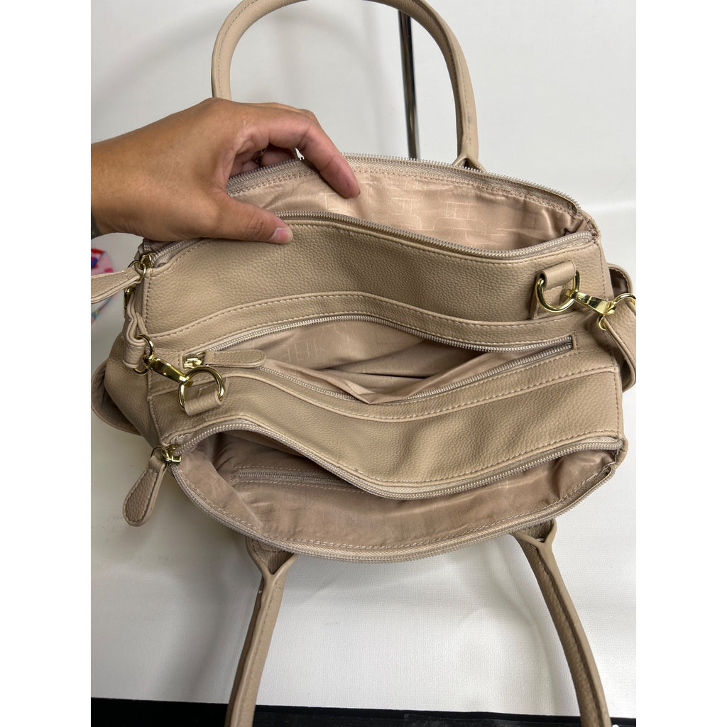 J-373 Rosetti Beige Faux Leather Tote Bag With Gold Hardware & Shoulder Strap