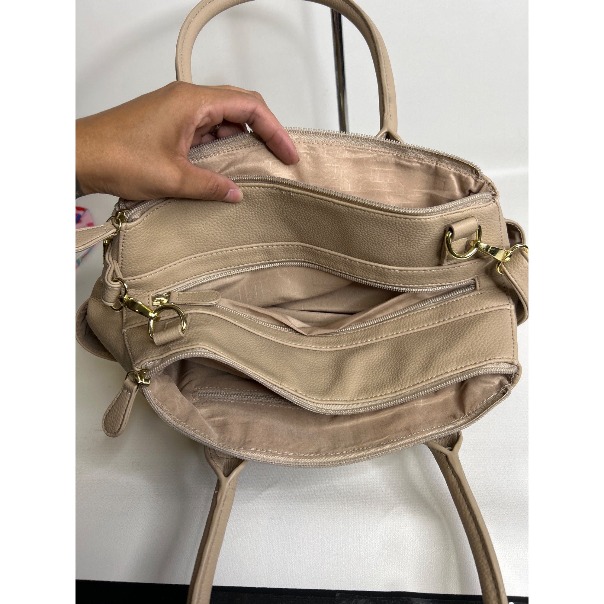 J-373 Rosetti Beige Faux Leather Tote Bag With Gold Hardware & Shoulder Strap