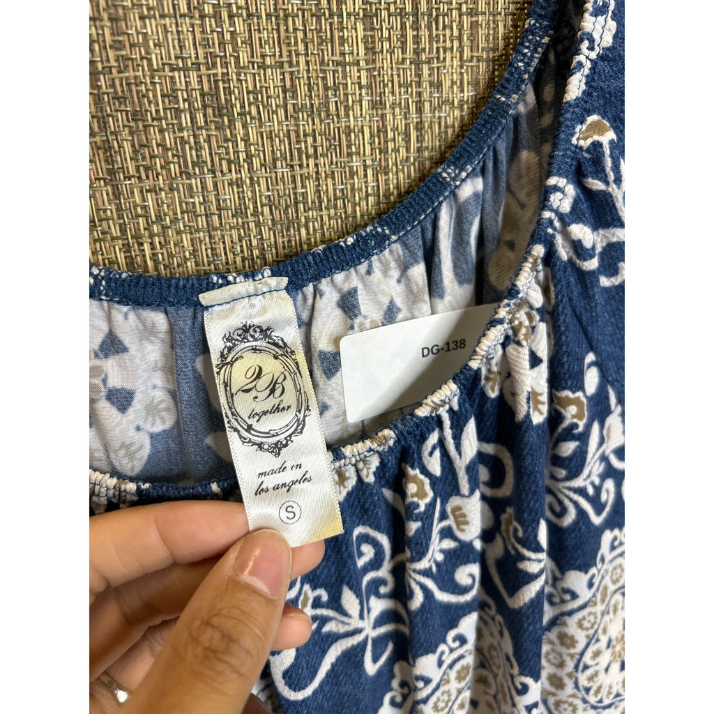DG-138 2B Together Size Small Blue & White Boho Floral Print Dress w/ Lace