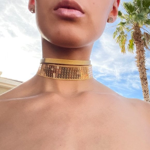 Mia Collection Gold-Tone Metallic Choker Necklace With Shiny Sequin Detailing
