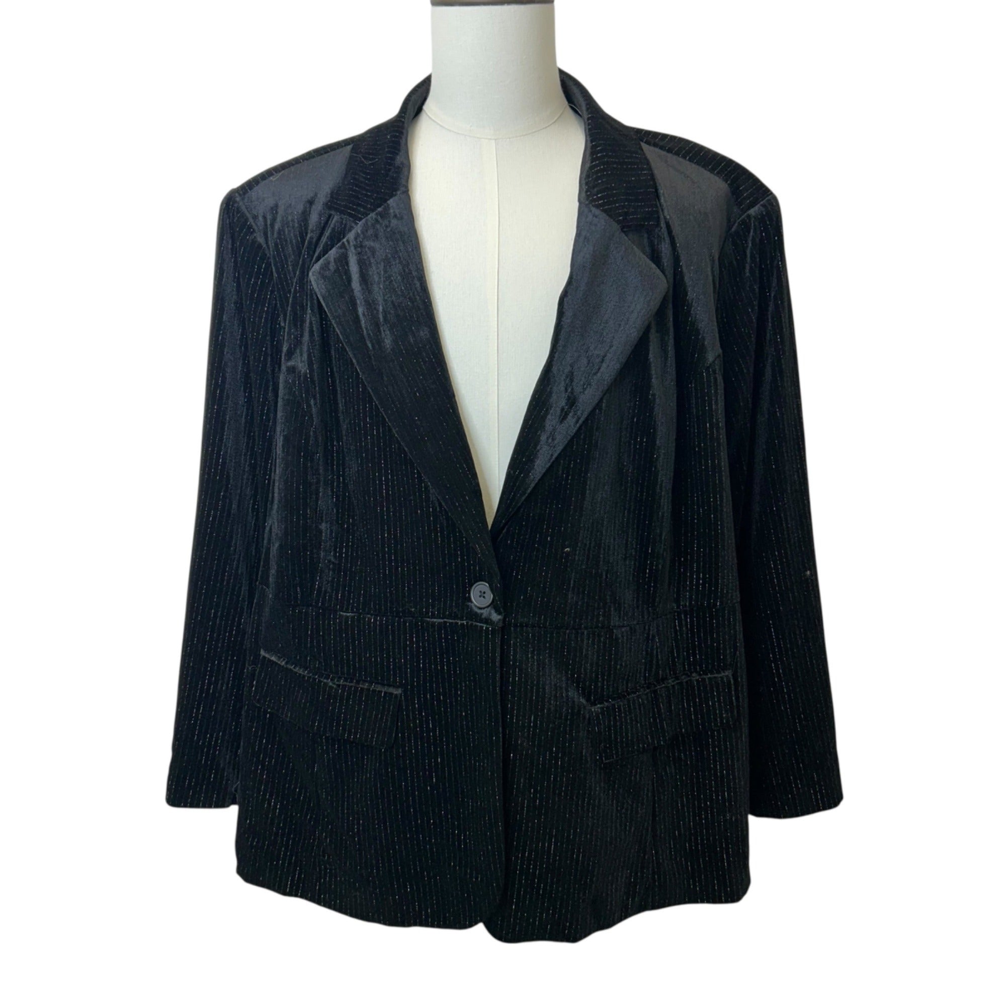 K-111 Ava & Viv Black Women's Shimmer Velvet Pinstripe Blazer Jacket Size 3X