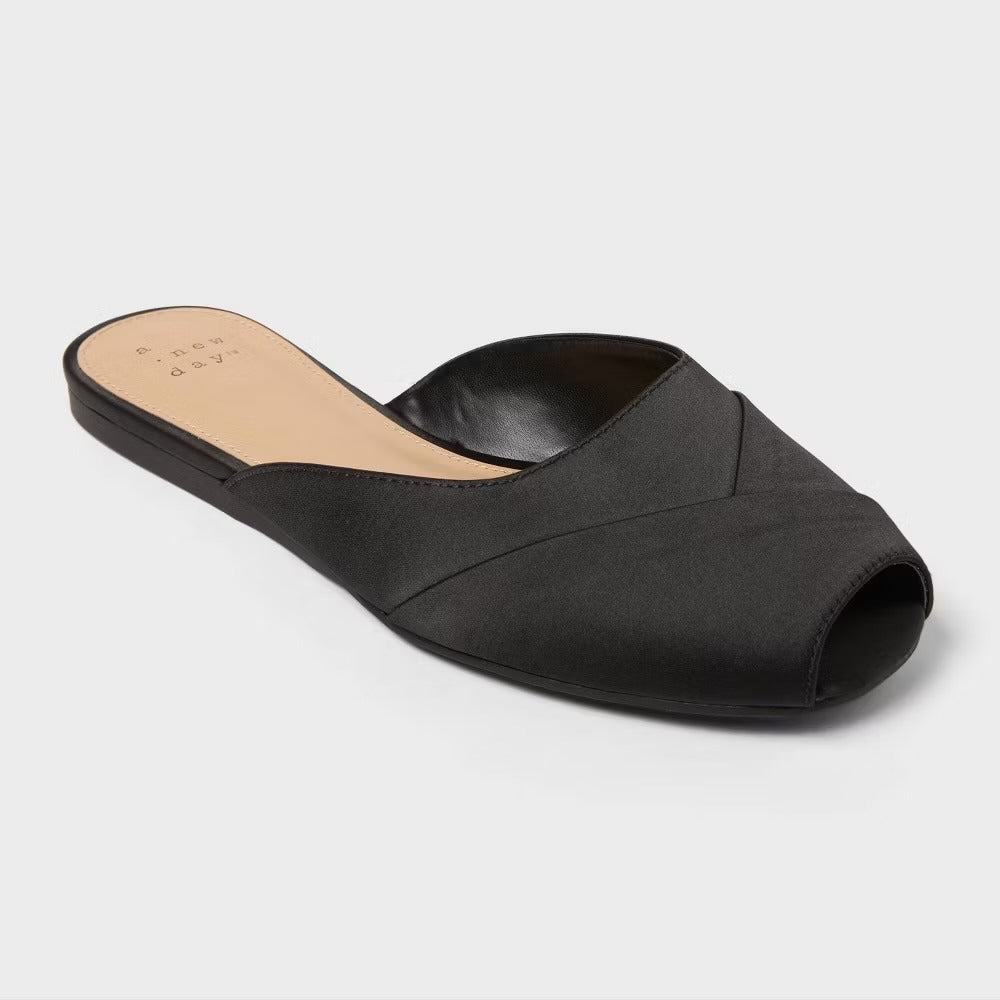 K-59 A New Day Trina Satin Peep Toe Mule Flats in Black Size 9